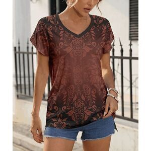 Brown & Black Abstract Short-Sleeve V-Neck Top